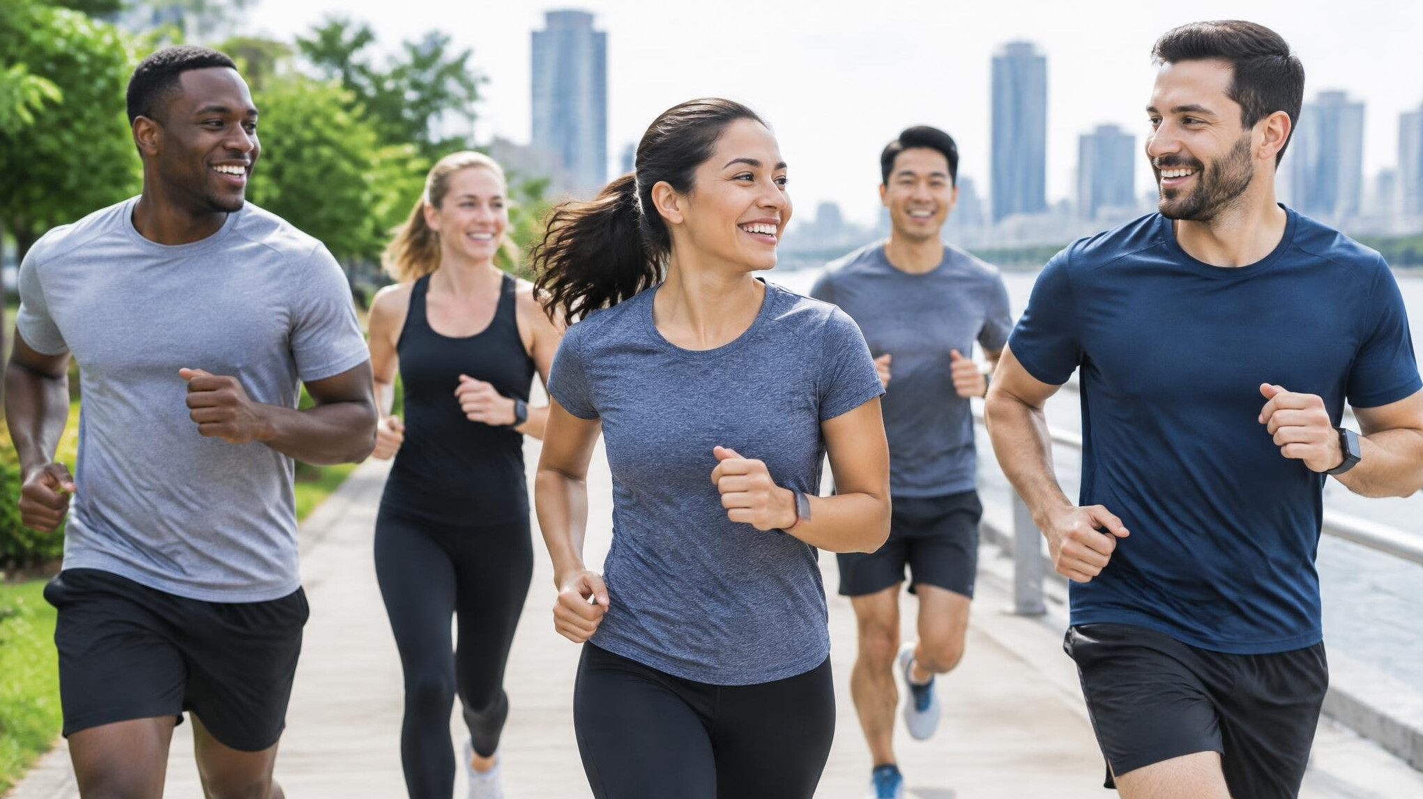 group of colleagues running outdoors
