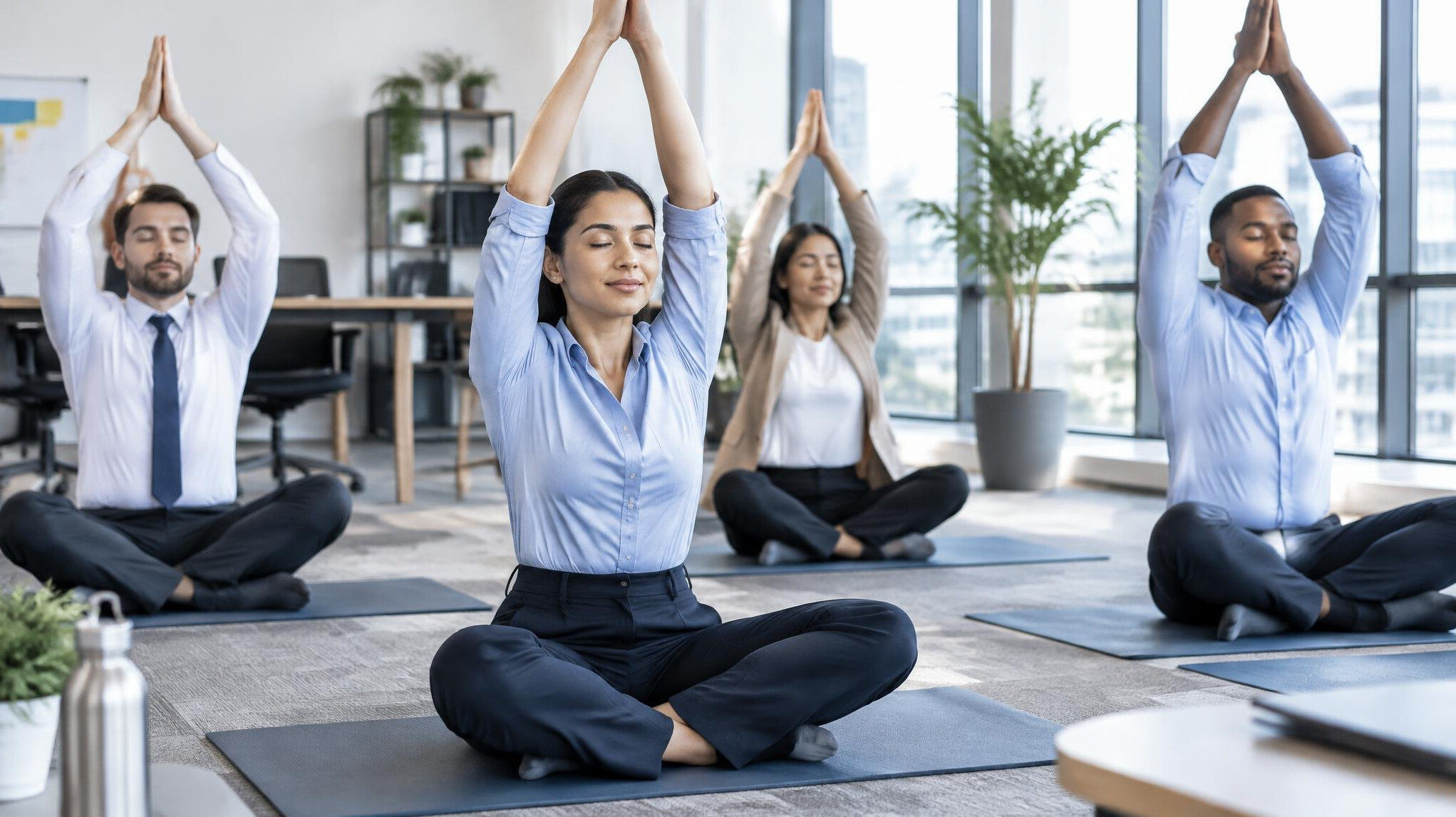corporate team exercising together