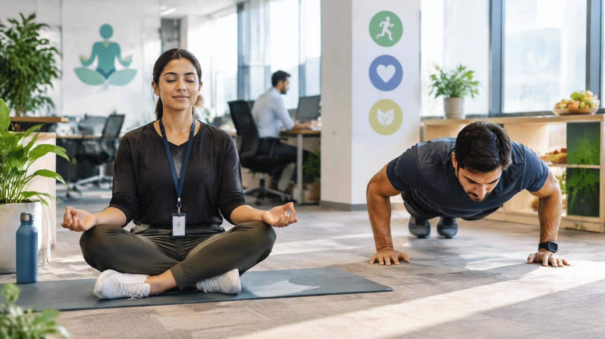 person meditating in corporate setting