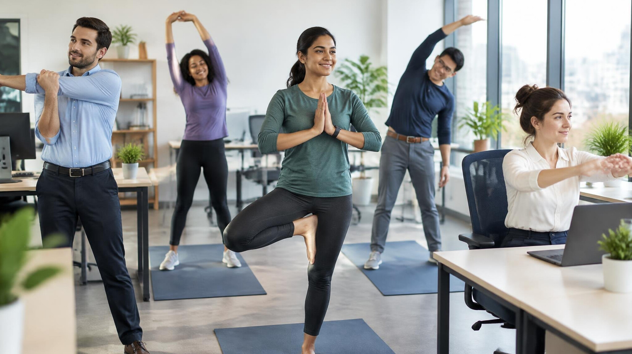 employees doing yoga in office