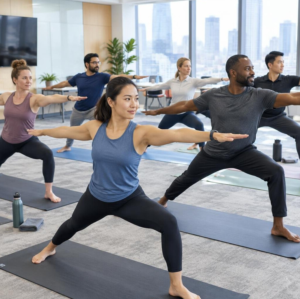Group of office employees doing yoga in a conference room