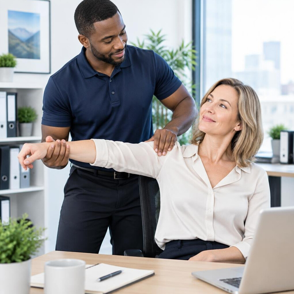 Physiotherapist stretching the arm of a seated office worker