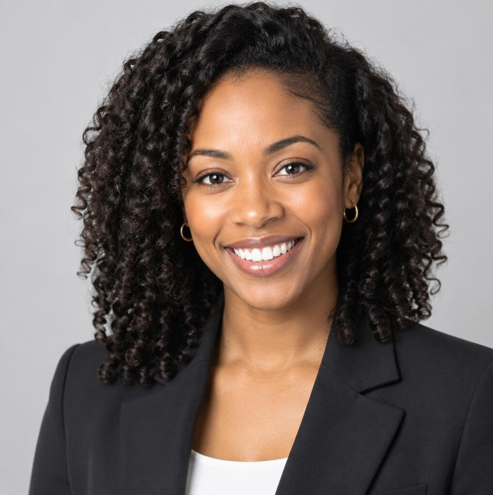 Studio portrait of a smiling woman with curly dark hair