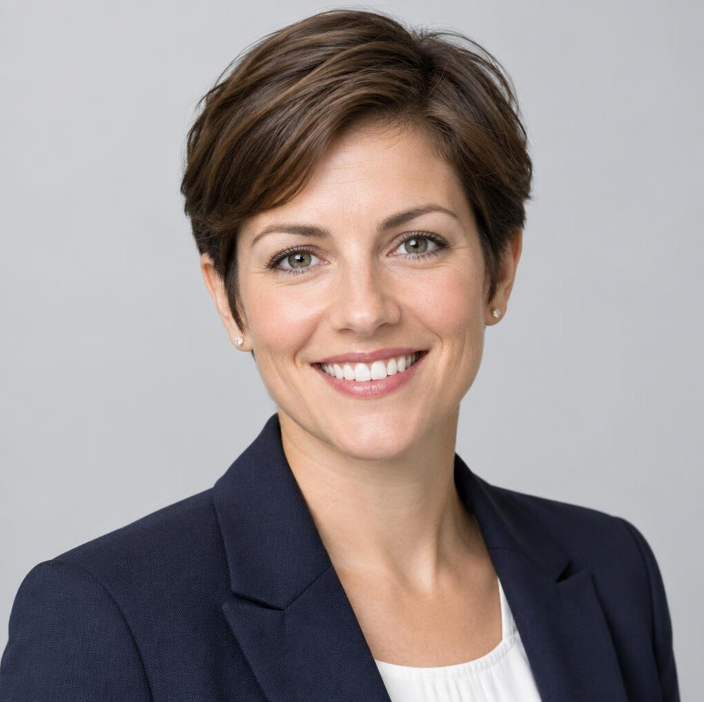 Studio portrait of a smiling woman with short brown hair in business attire