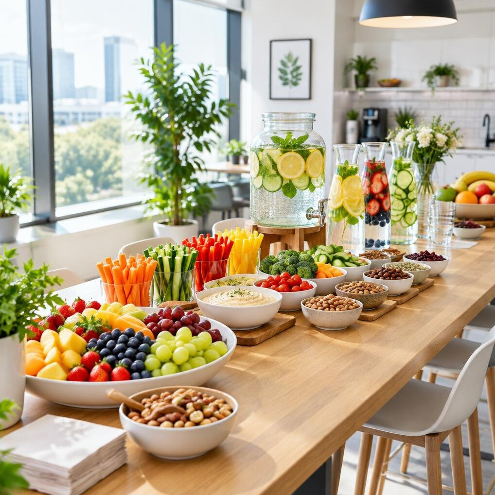 Table with healthy fruit and vegetable snacks in an office kitchen