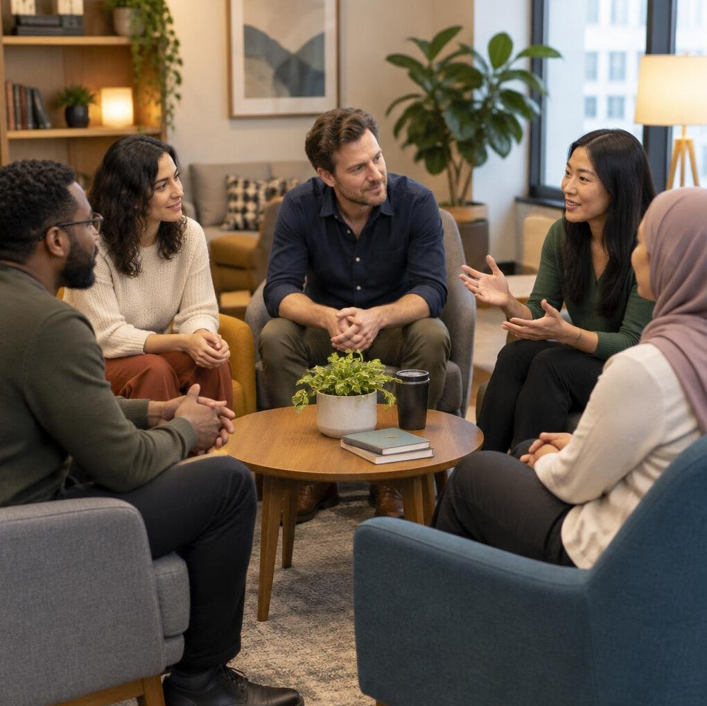 Small group therapy style discussion circle of coworkers in an office lounge