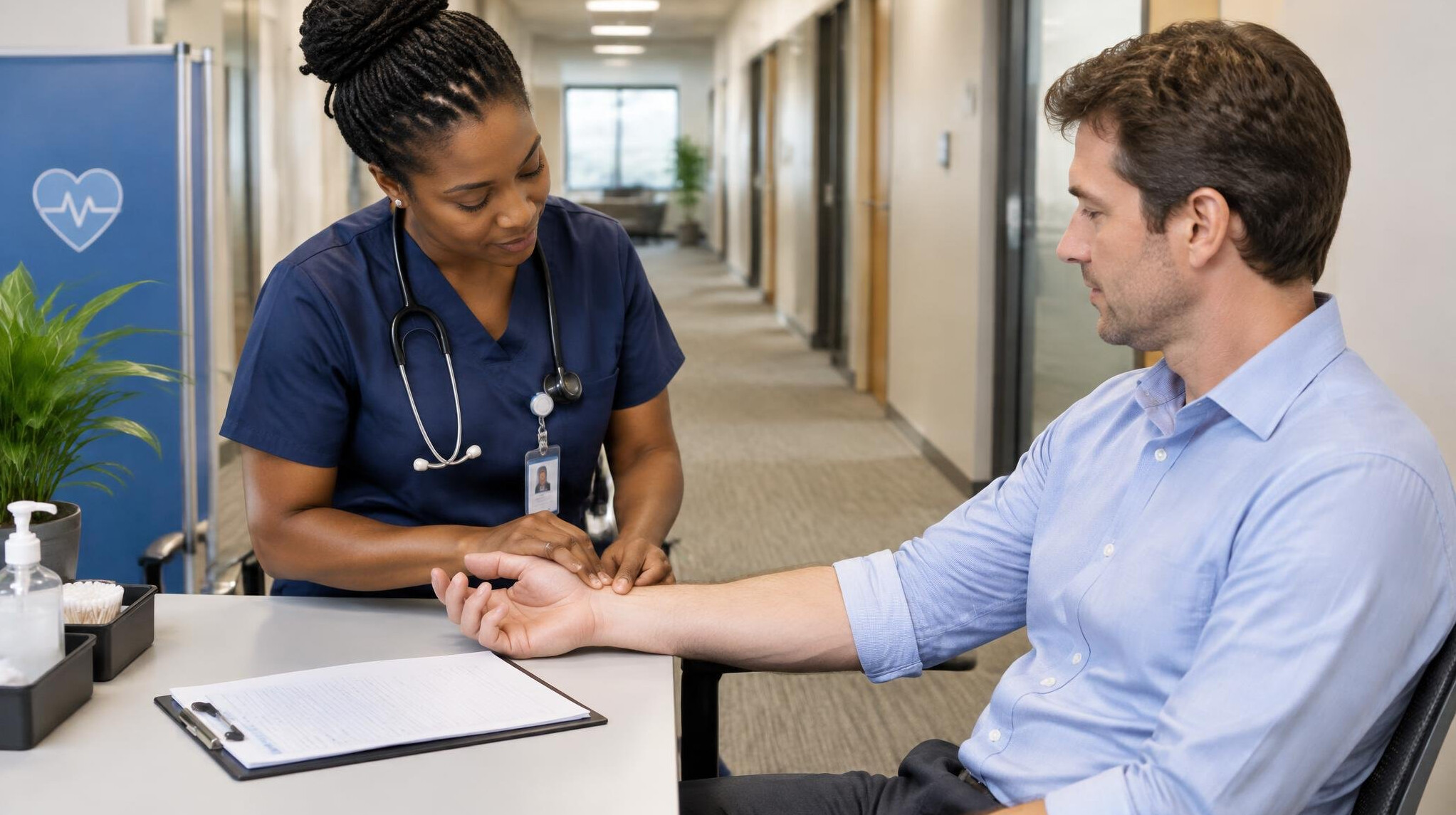 Nurse checking vital signs of a seated employee during a health screening