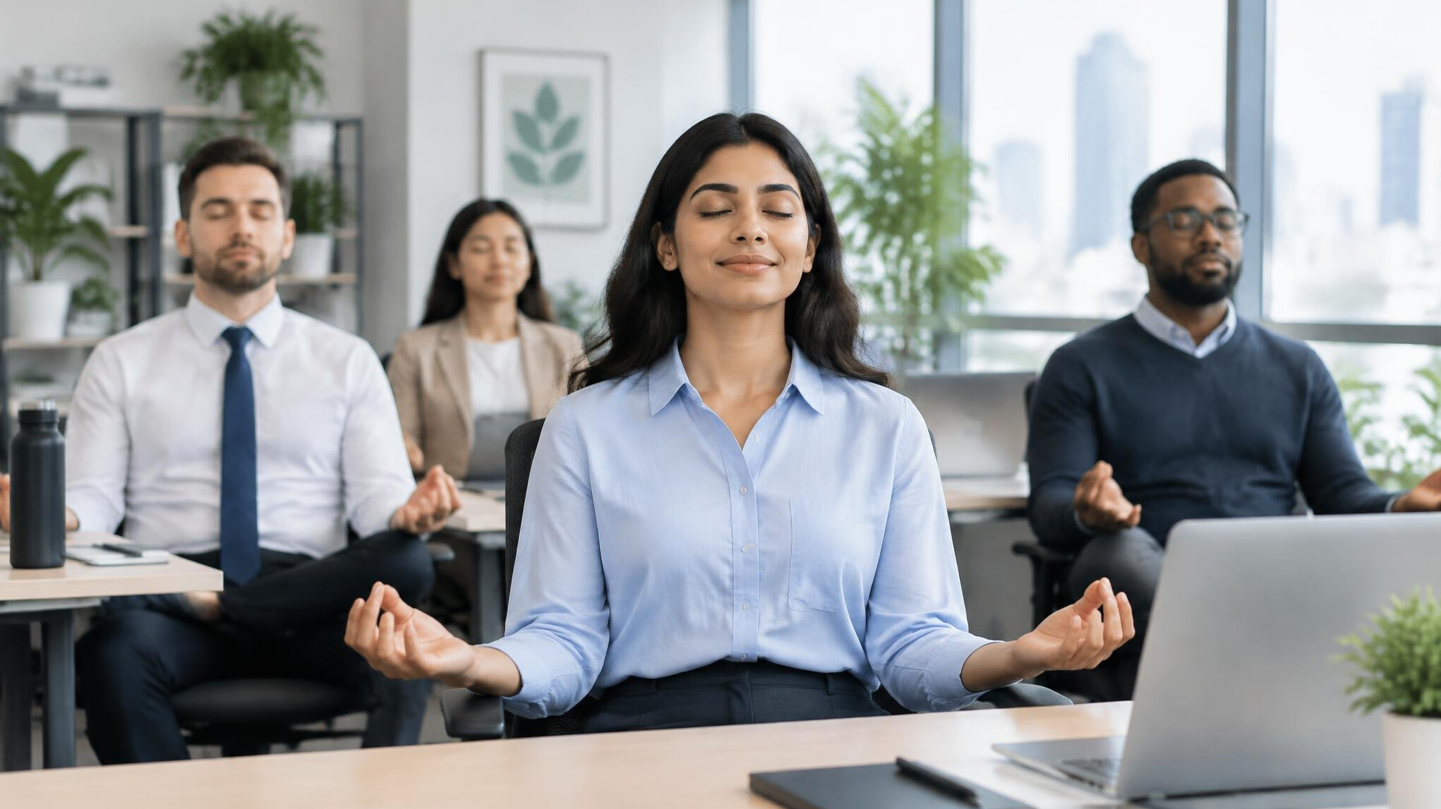 office workers meditating