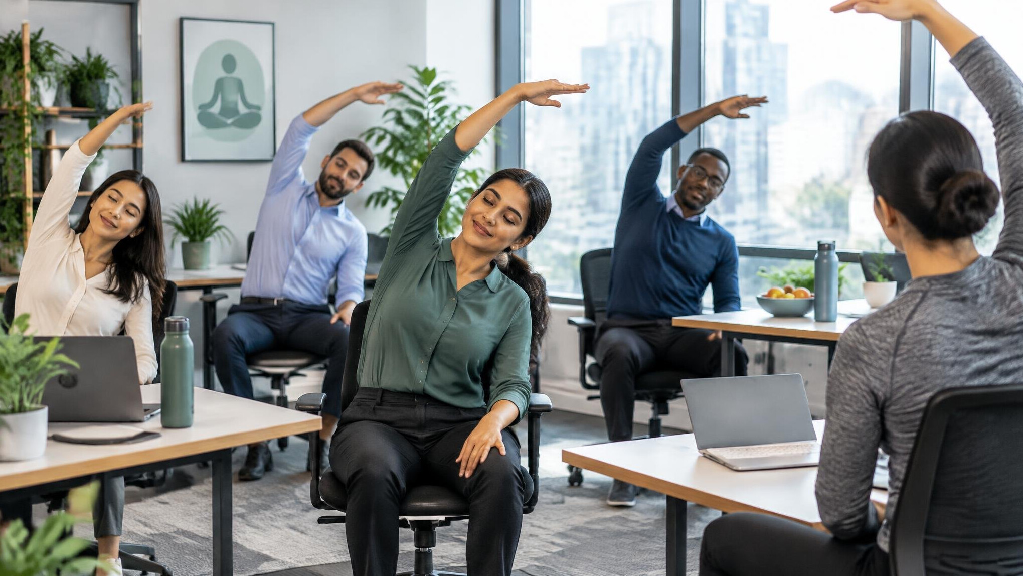corporate team doing yoga in office