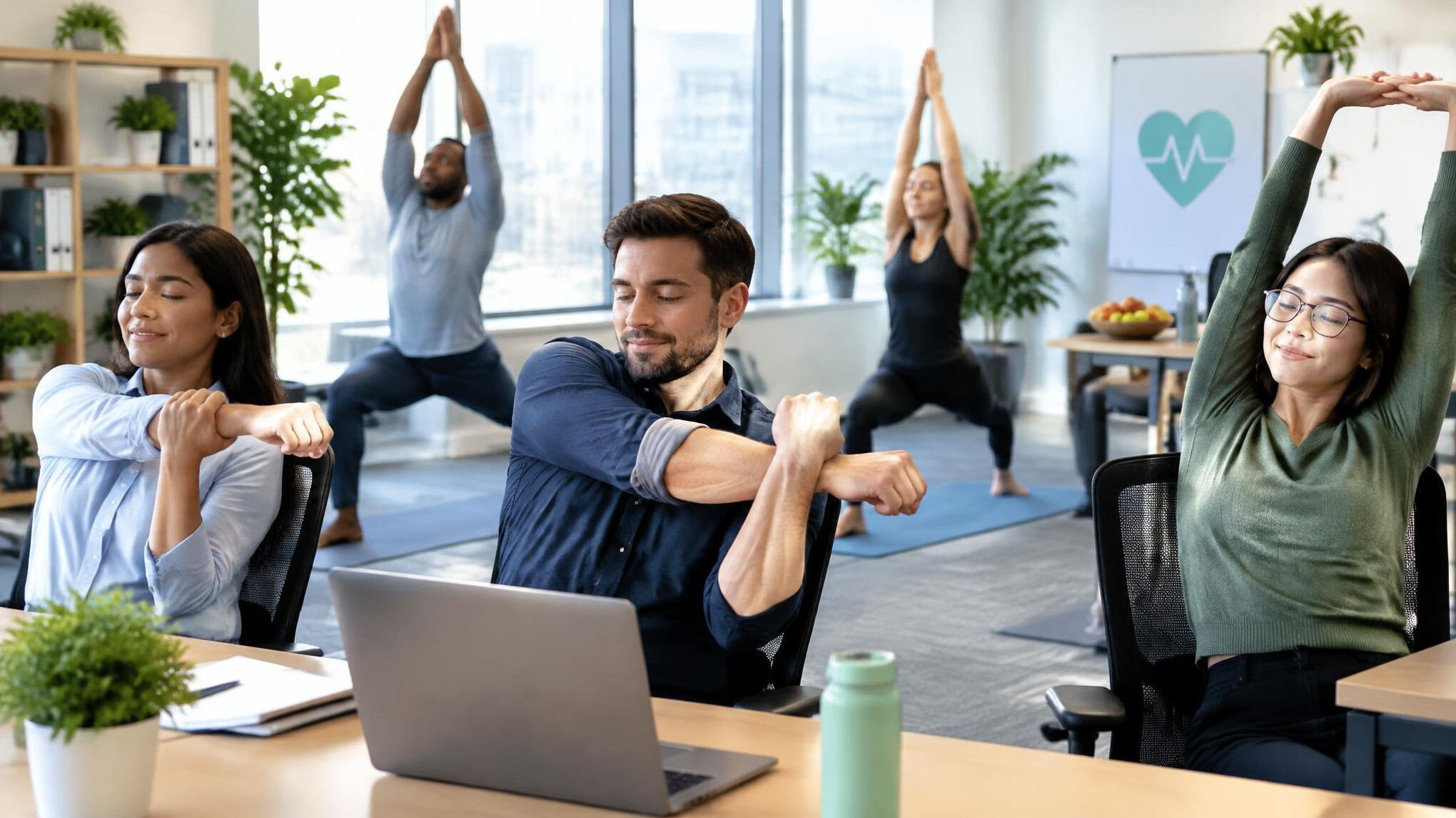 corporate team doing yoga in office