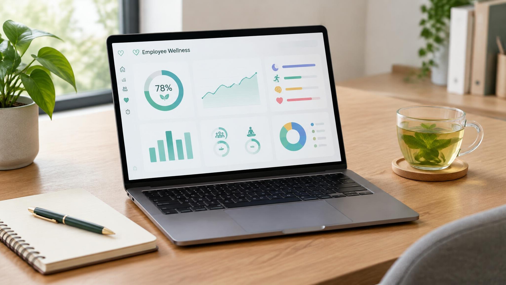 Laptop showing employee wellness dashboard on a wooden desk